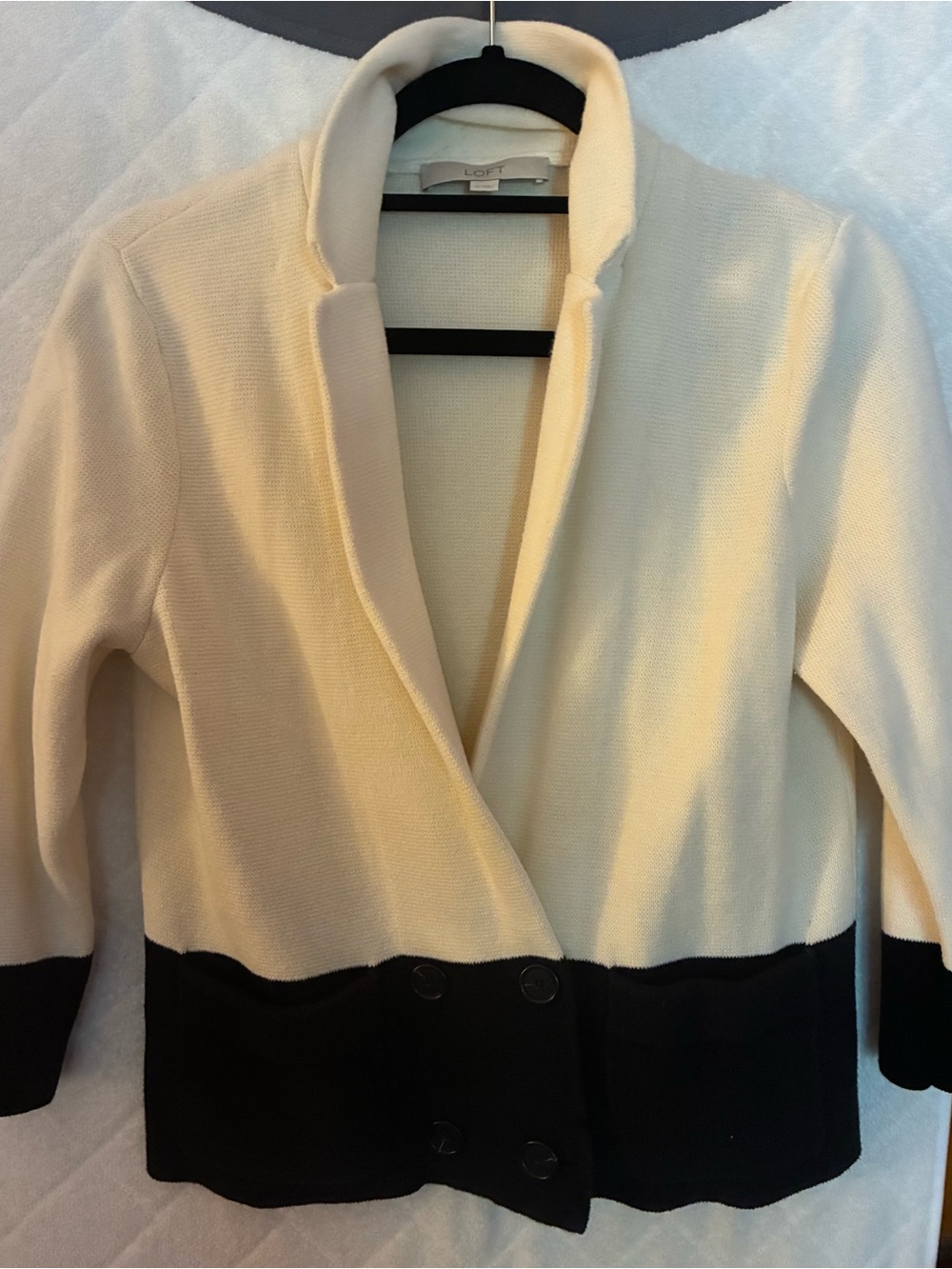 LOFT Cream and Black Open-Front Knit Blazer